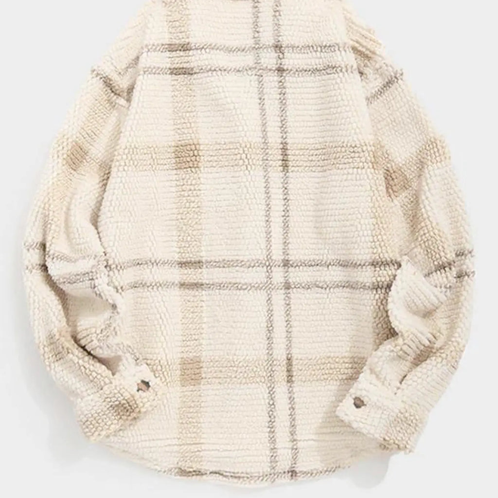 Cream Plaid Textured Fleece Shirt Jacket