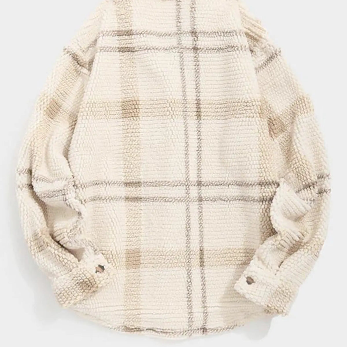 Cream Plaid Textured Fleece Shirt Jacket
