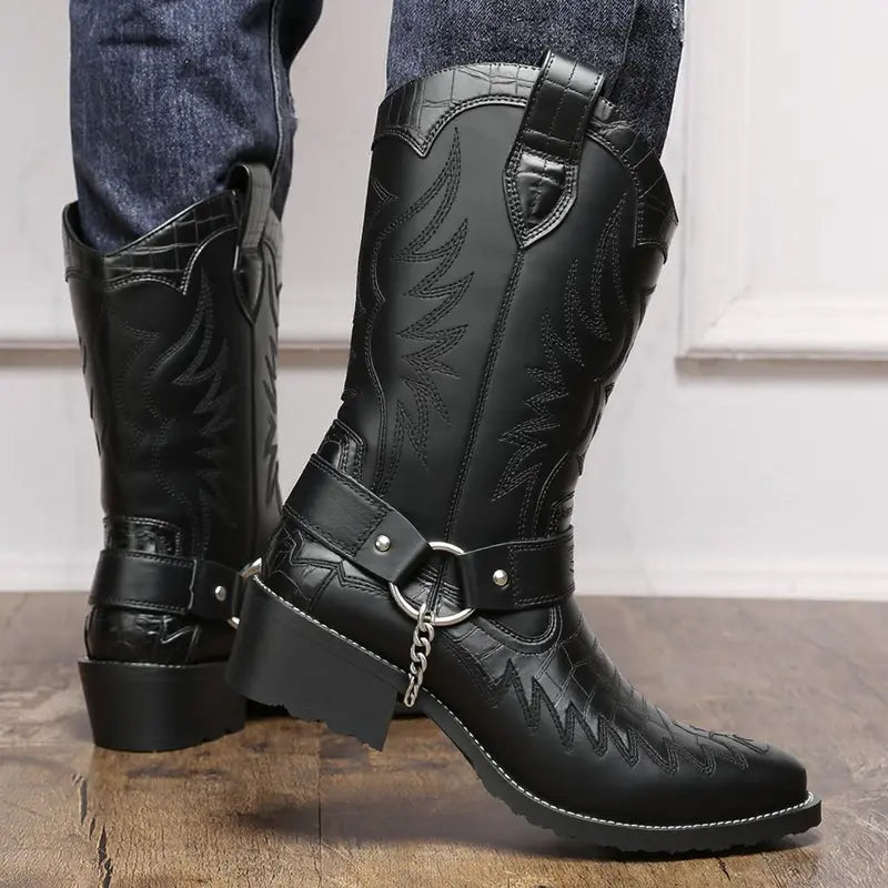 Black Embossed Mid Calf Western Boots With Chain
