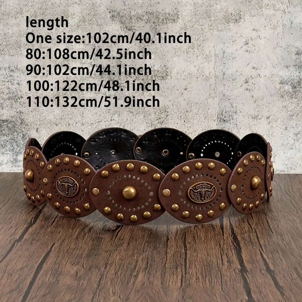 Brown Faux Leather Concho Belt with Oval Buckle