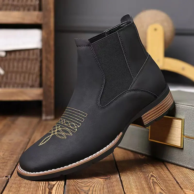 Black Ankle Boots with Gold Embroidered Toe