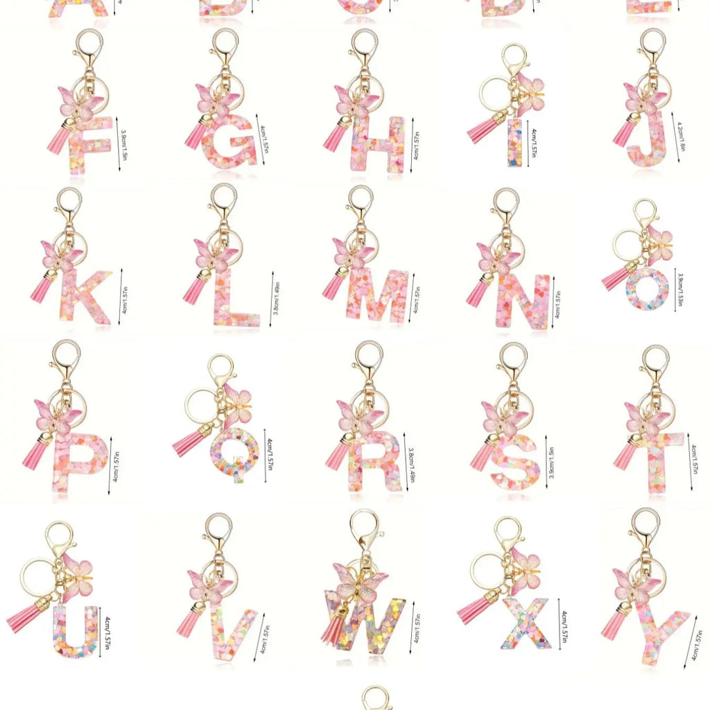 Pink Acrylic Letter Keychain With Butterfly Charm