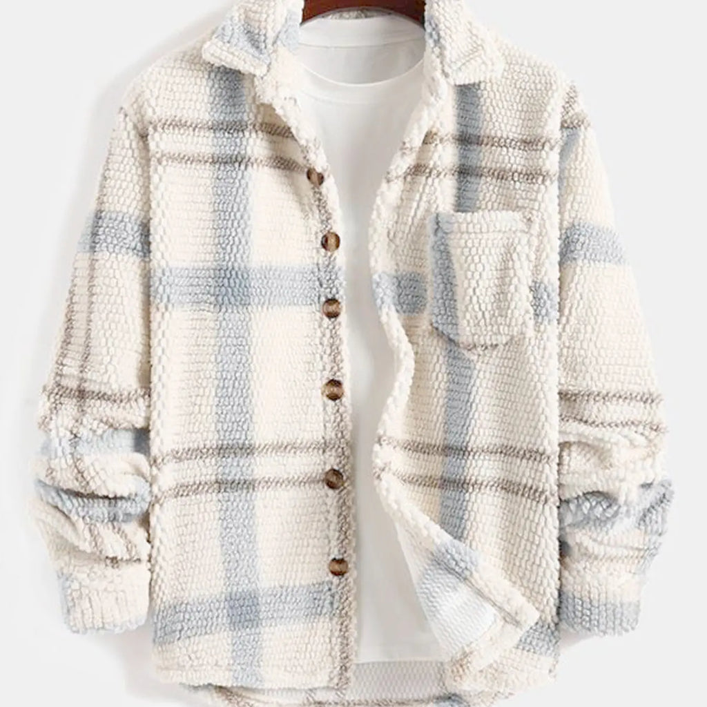 Cream Plaid Textured Fleece Shirt Jacket