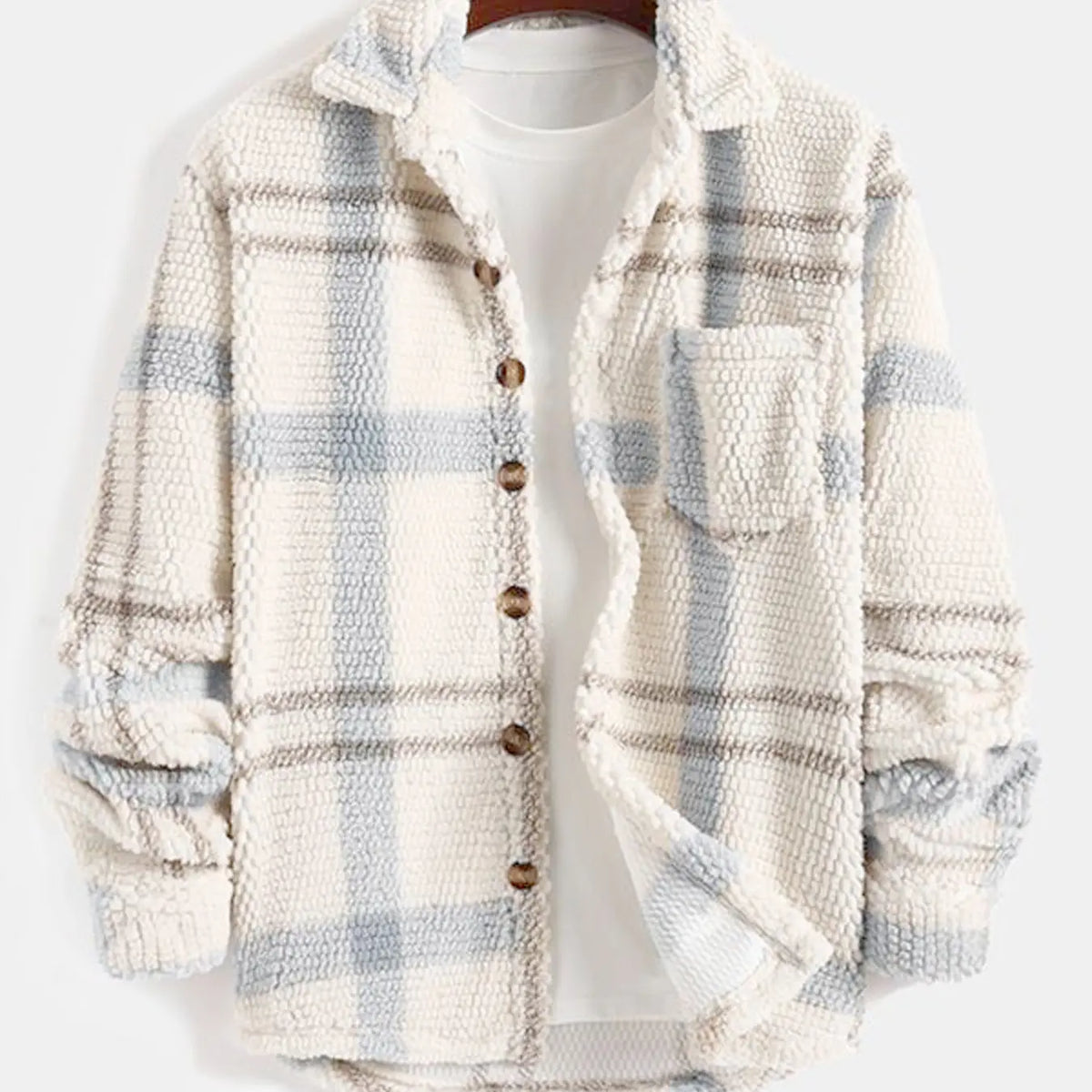 Cream Plaid Textured Fleece Shirt Jacket