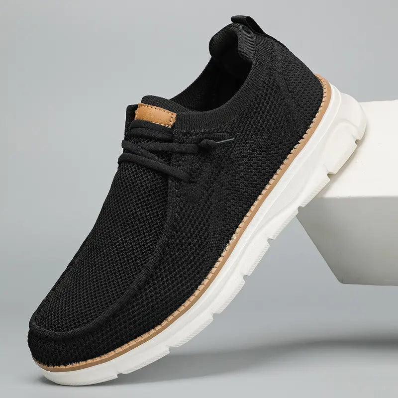 White Knit Mesh Slip-On Shoes with Tan Trim