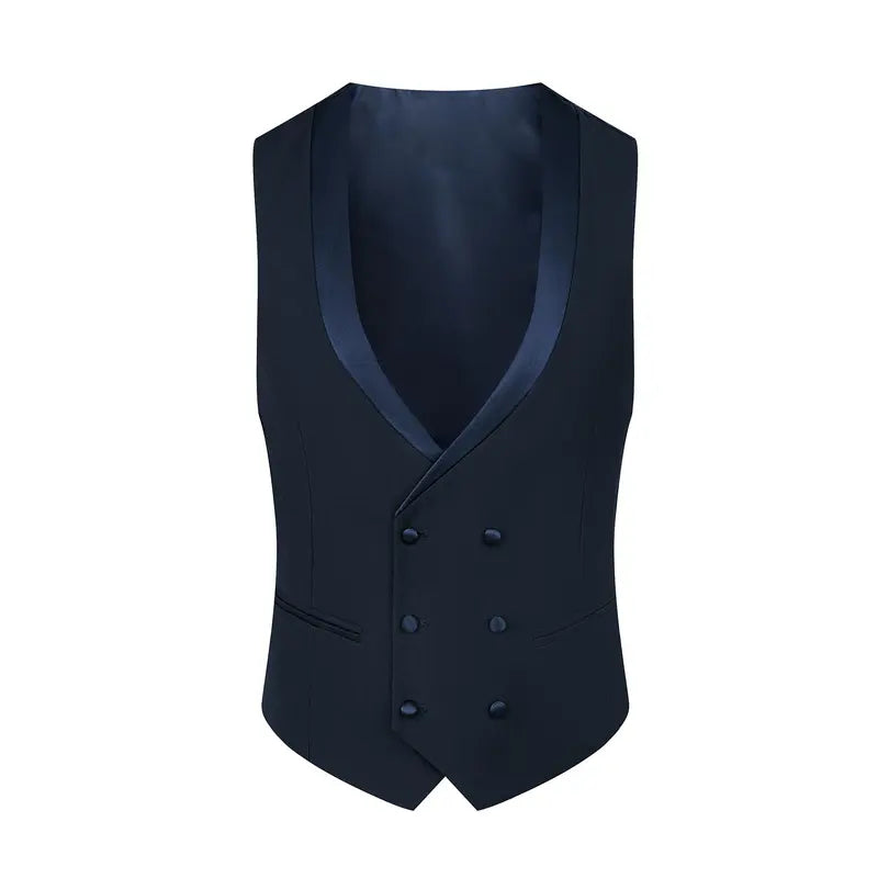 Navy Three-Piece Suit with Embellished Shawl Lapel