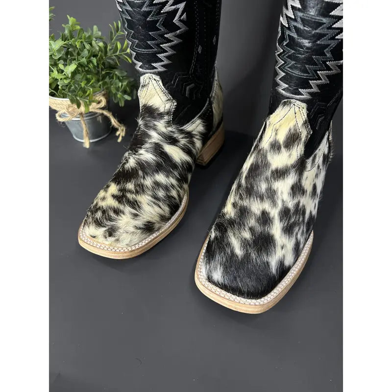 Tall Western Boots with Cowhide Fur Front and Black Shaft