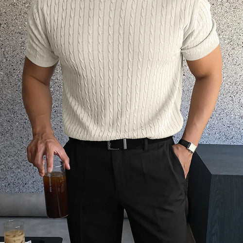 Beige Cable Knit Short Sleeve Crew Neck Top