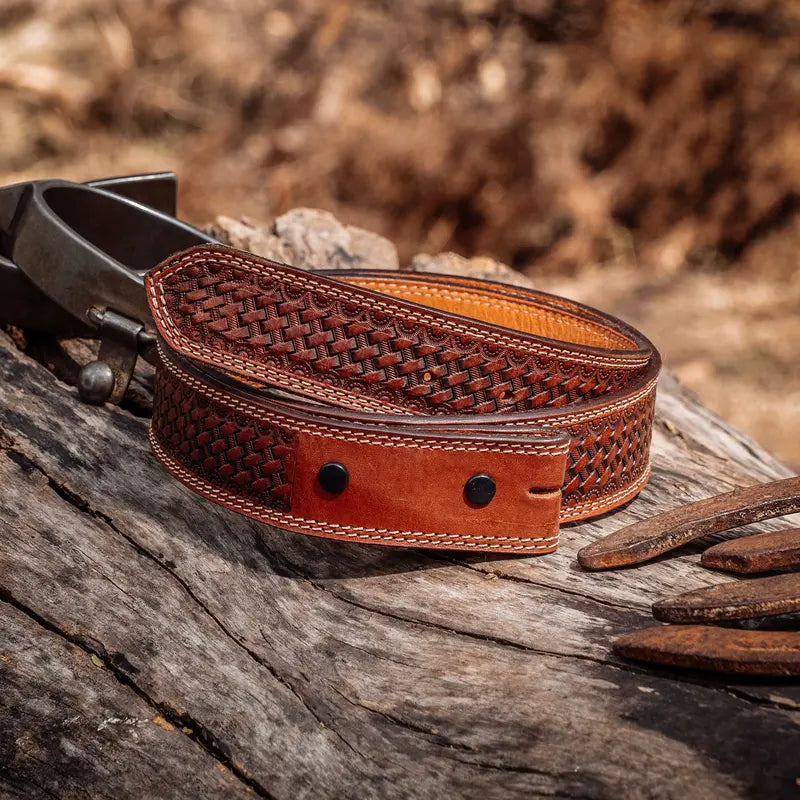 Brown Leather Belt with Basket Weave Embossing
