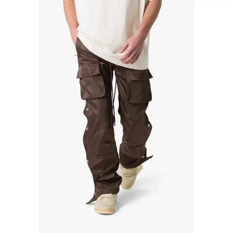 Brown Nylon Cargo Pants With Snap Hems