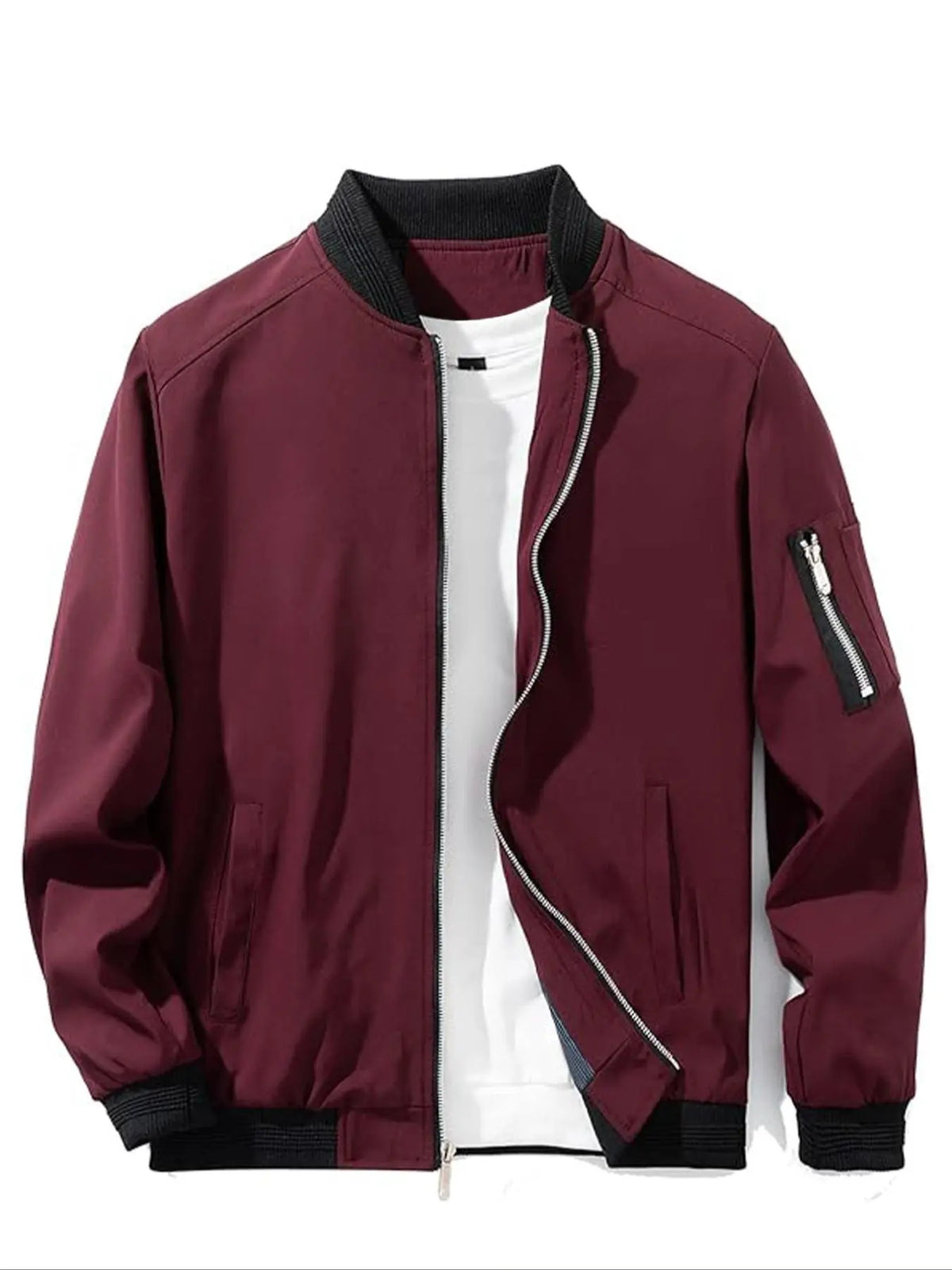 Burgundy Zip Bomber Jacket With Ribbed Black Trim