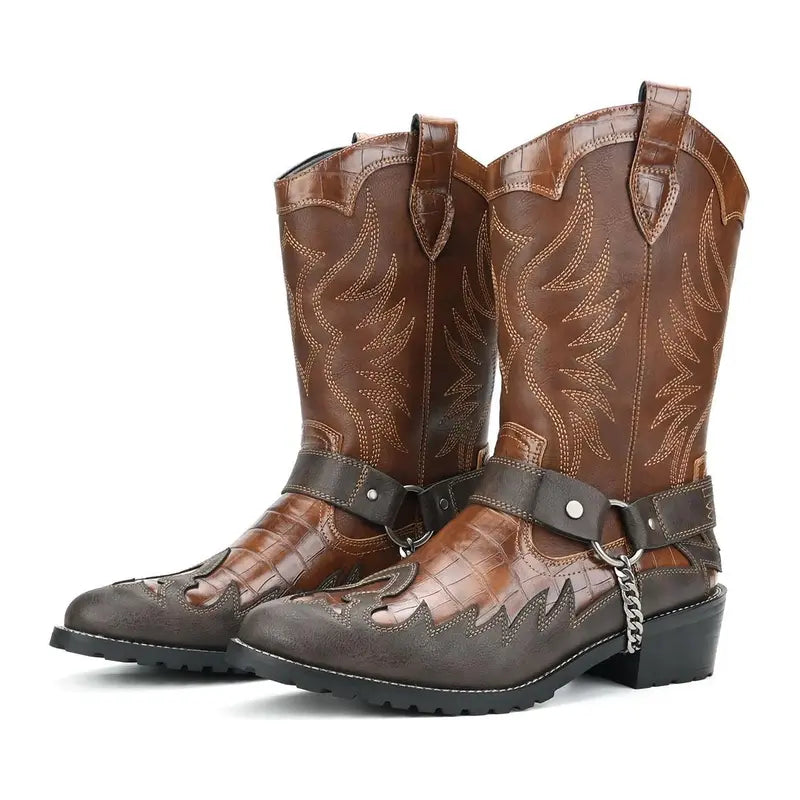 Black Embossed Mid Calf Western Boots With Chain