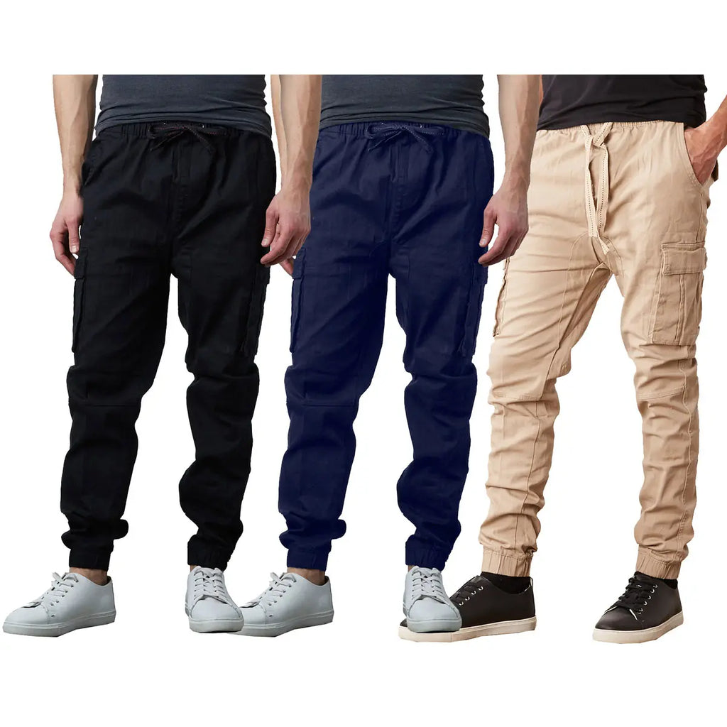 Three Pack Cargo Jogger Pants in Black, Navy, Khaki