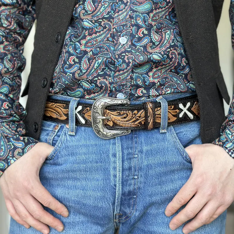 Hand-Tooled Brown Leather Belt with Engraved Buckle
