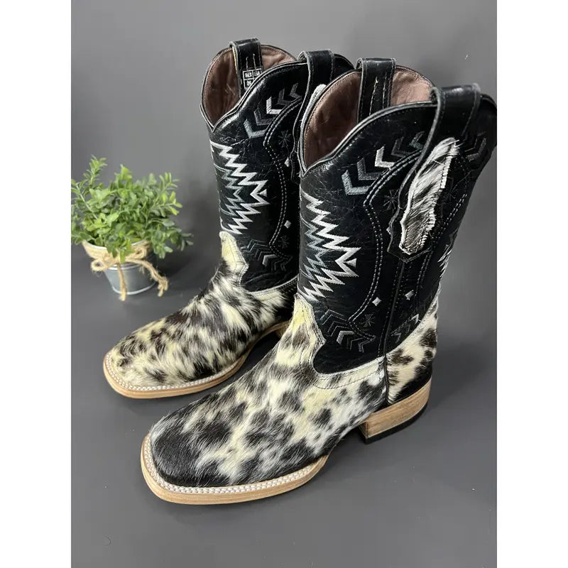 Tall Western Boots with Cowhide Fur Front and Black Shaft