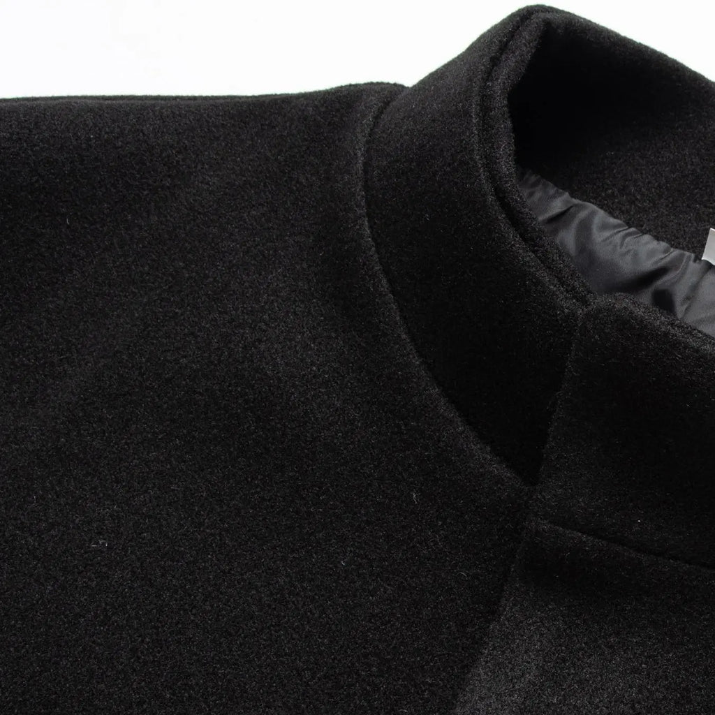 Black Stand Collar Long Button-Front Overcoat