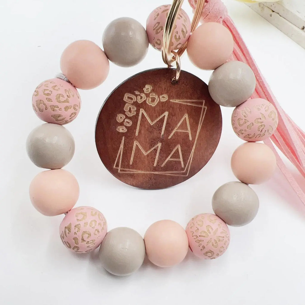 Wooden Bead Wristlet Keychain With Cream Tassel