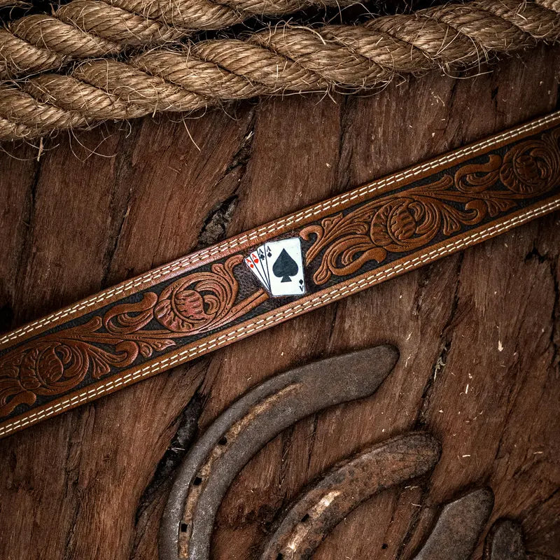 Brown Tooled Leather Belt with Playing Card Accents