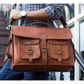 Brown Leather Messenger Bag with Buckle Pockets