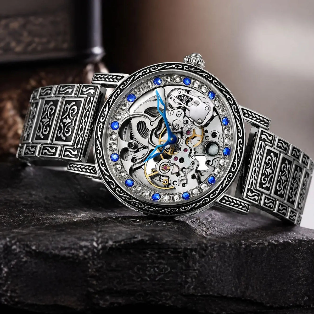 Silver Skeleton Dial Watch with Engraved Bracelet
