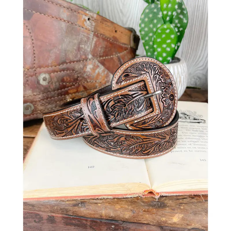 Brown Tooled Leather Belt with Floral Pattern