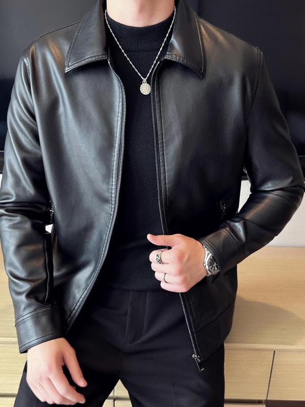 Black Faux Leather Zip Jacket with Collar
