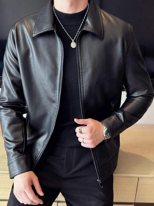 Black Faux Leather Zip Jacket with Collar