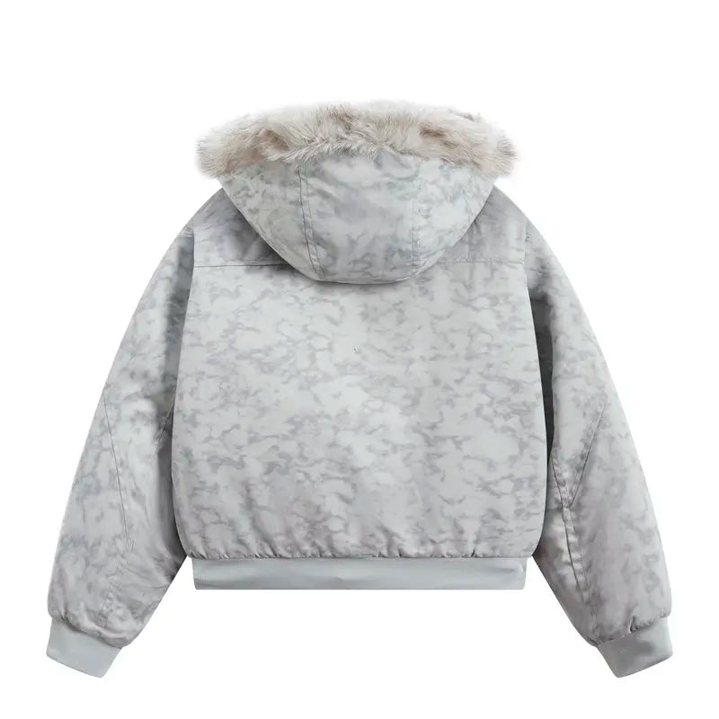 Light Grey Hooded Zip Jacket with Faux Fur Trim