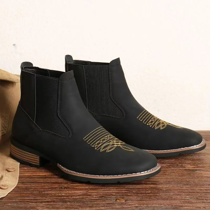 Black Ankle Boots with Gold Embroidered Toe