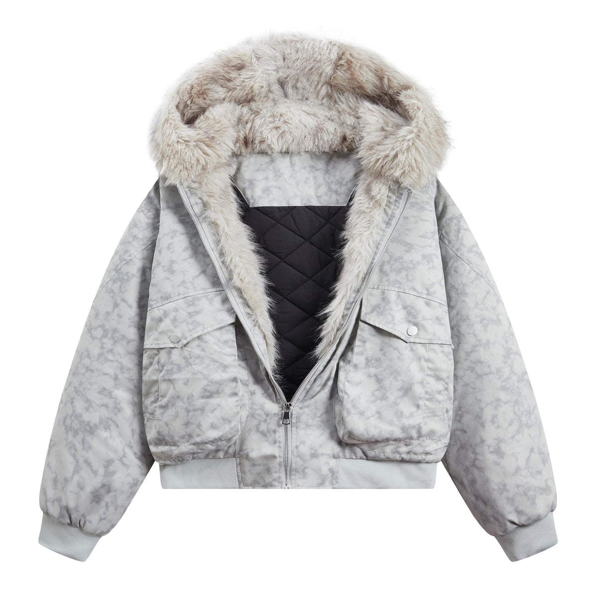 Light Grey Hooded Zip Jacket with Faux Fur Trim