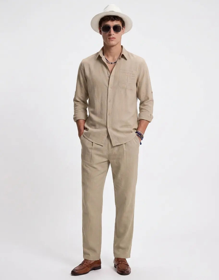 Men's Beige Linen Look Shirt and Pants Set