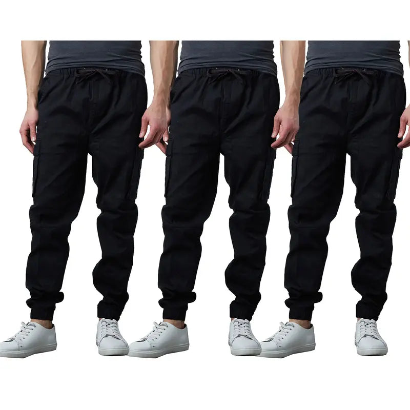 Three Pack Cargo Jogger Pants in Black, Navy, Khaki