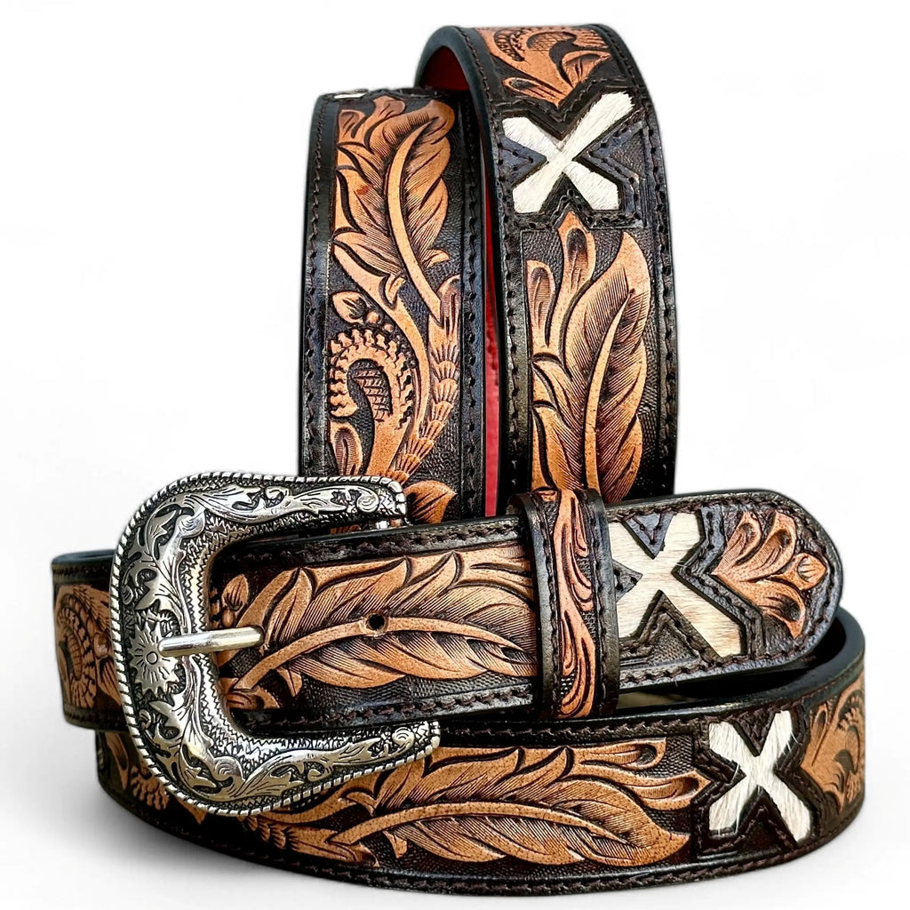 Hand-Tooled Brown Leather Belt with Engraved Buckle