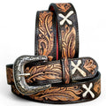 Hand-Tooled Brown Leather Belt with Engraved Buckle
