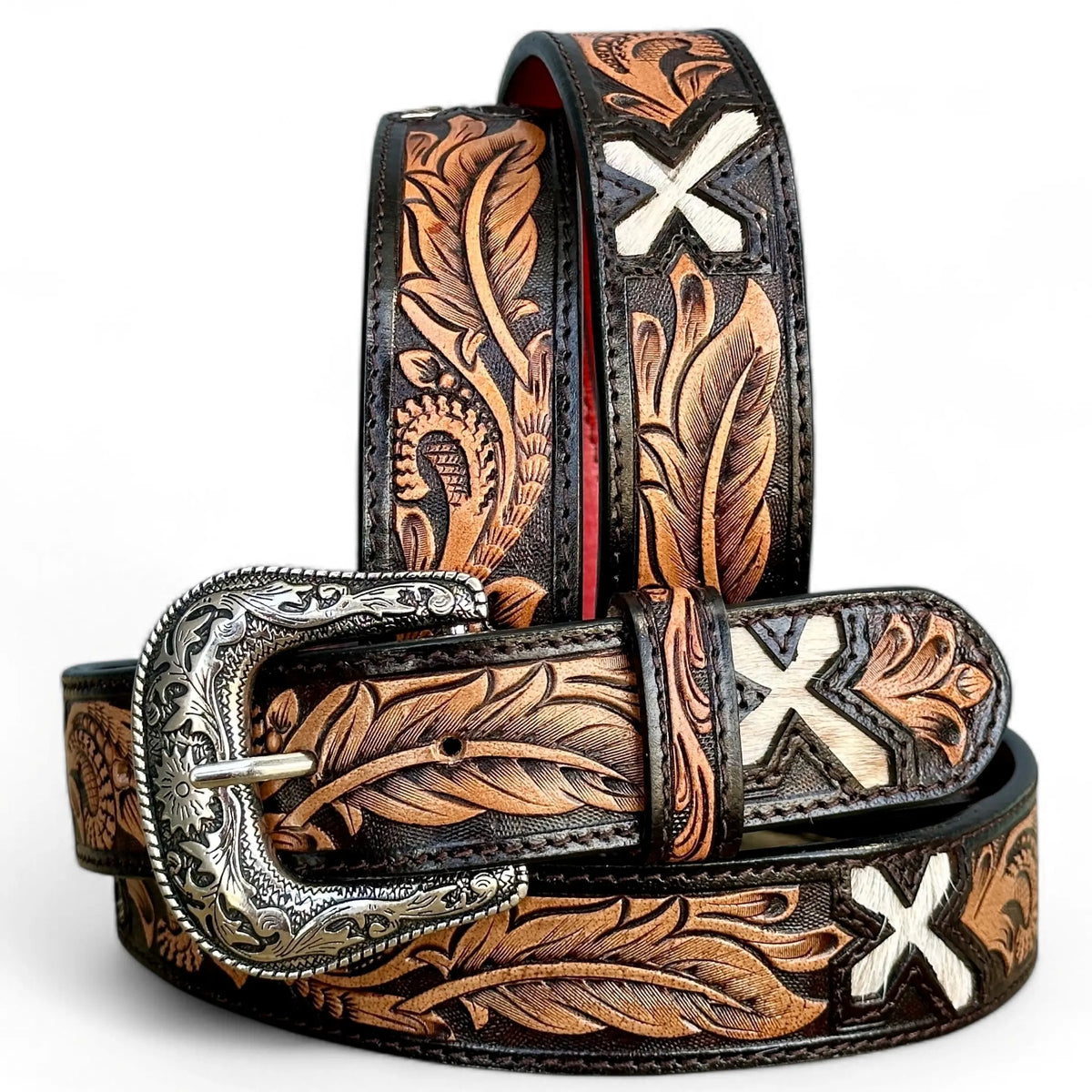 Hand-Tooled Brown Leather Belt with Engraved Buckle