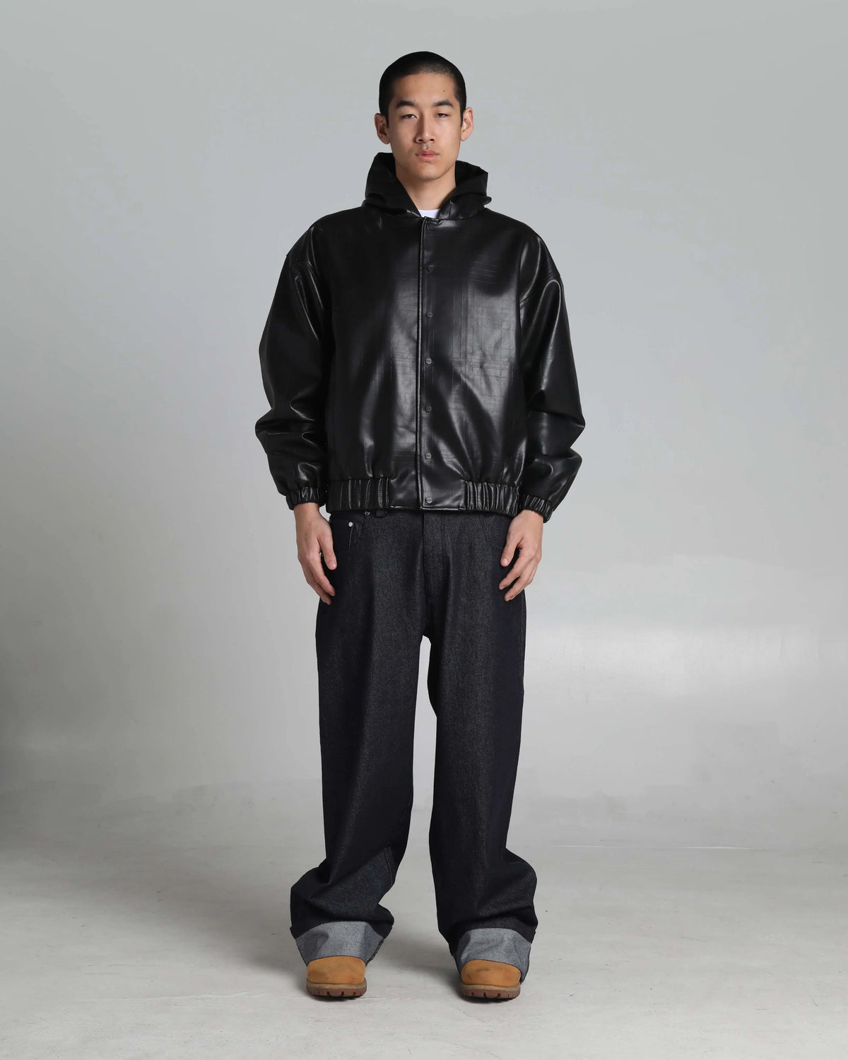 Black Faux Leather Hooded Zip Jacket