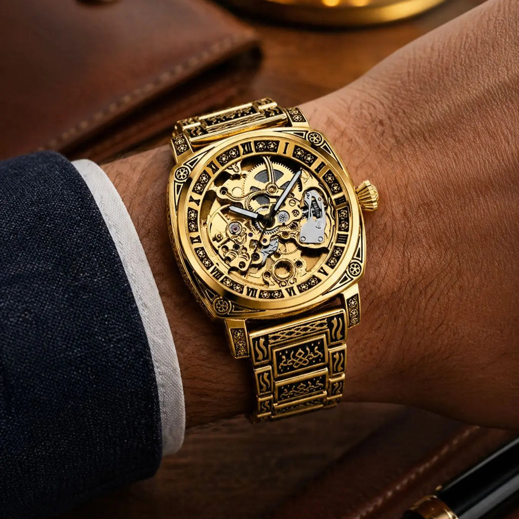 Gold Tone Skeleton Dial Watch with Engraved Bracelet