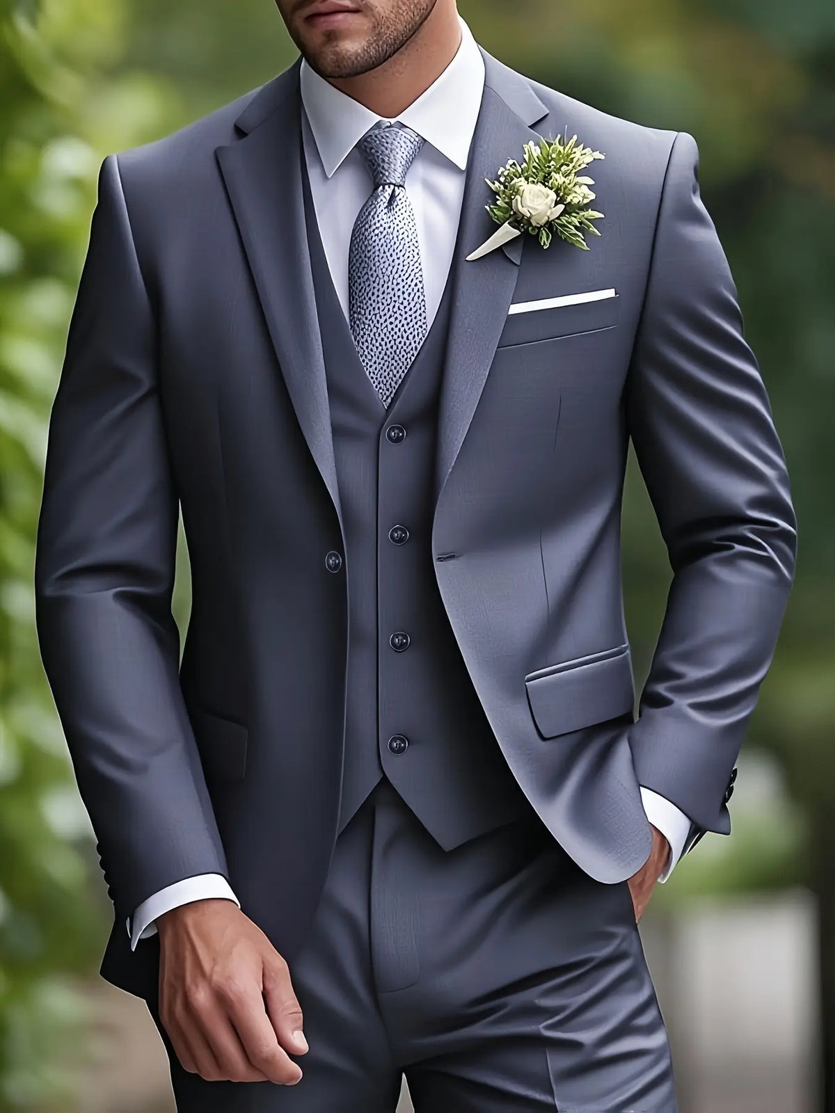 Slate Gray Three-Piece Suit with Vest and Tie