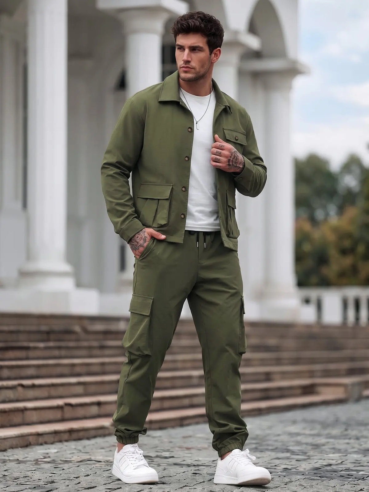 Olive Green Cargo Shirt Jacket and Jogger Pants Set