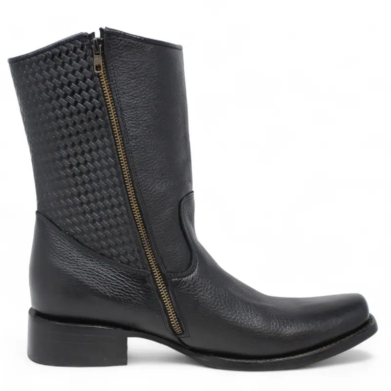 Black Leather Mid-Calf Boots with Side Zipper