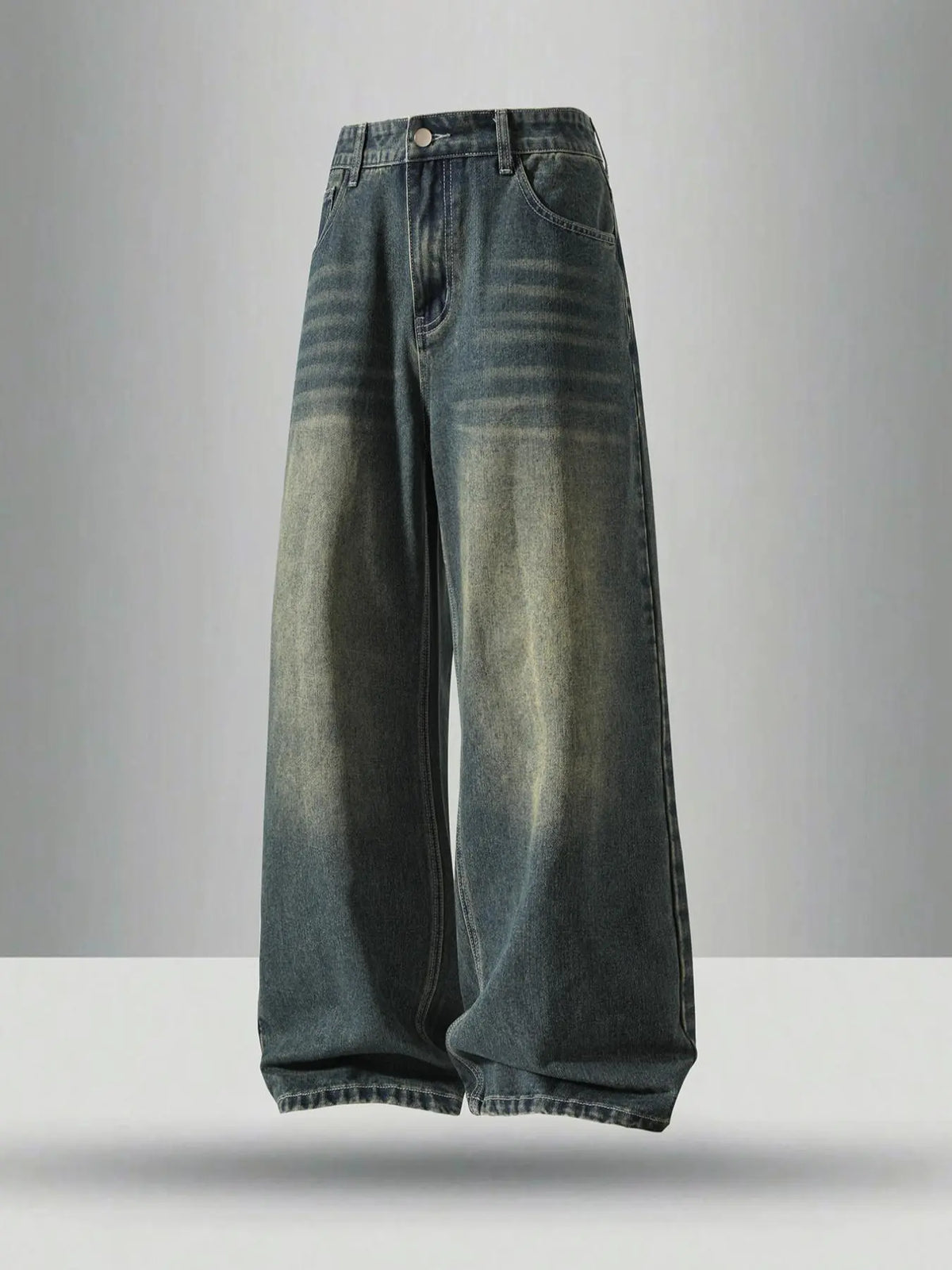 Faded Blue Wide-Leg Jeans With Whiskered Wash