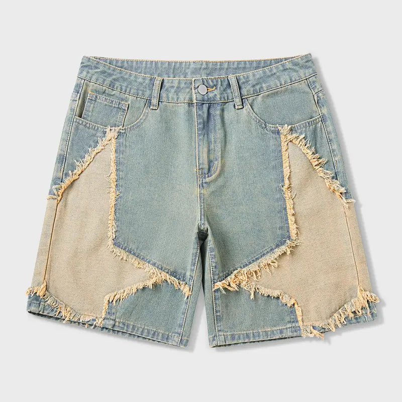 Blue Denim Shorts with Frayed Star Patches
