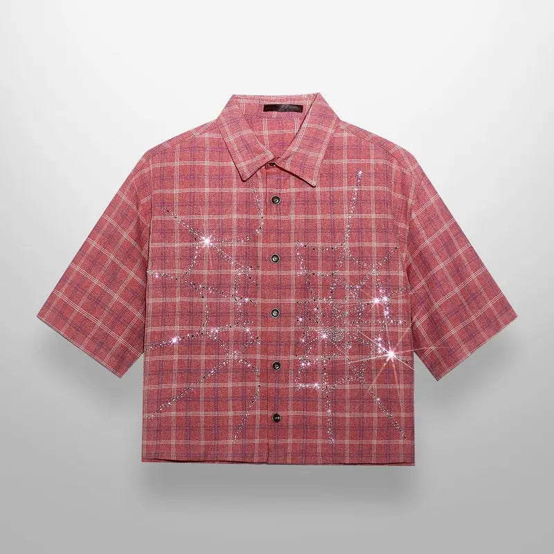 Cropped Brown Plaid Shirt with Crystal Web Detail
