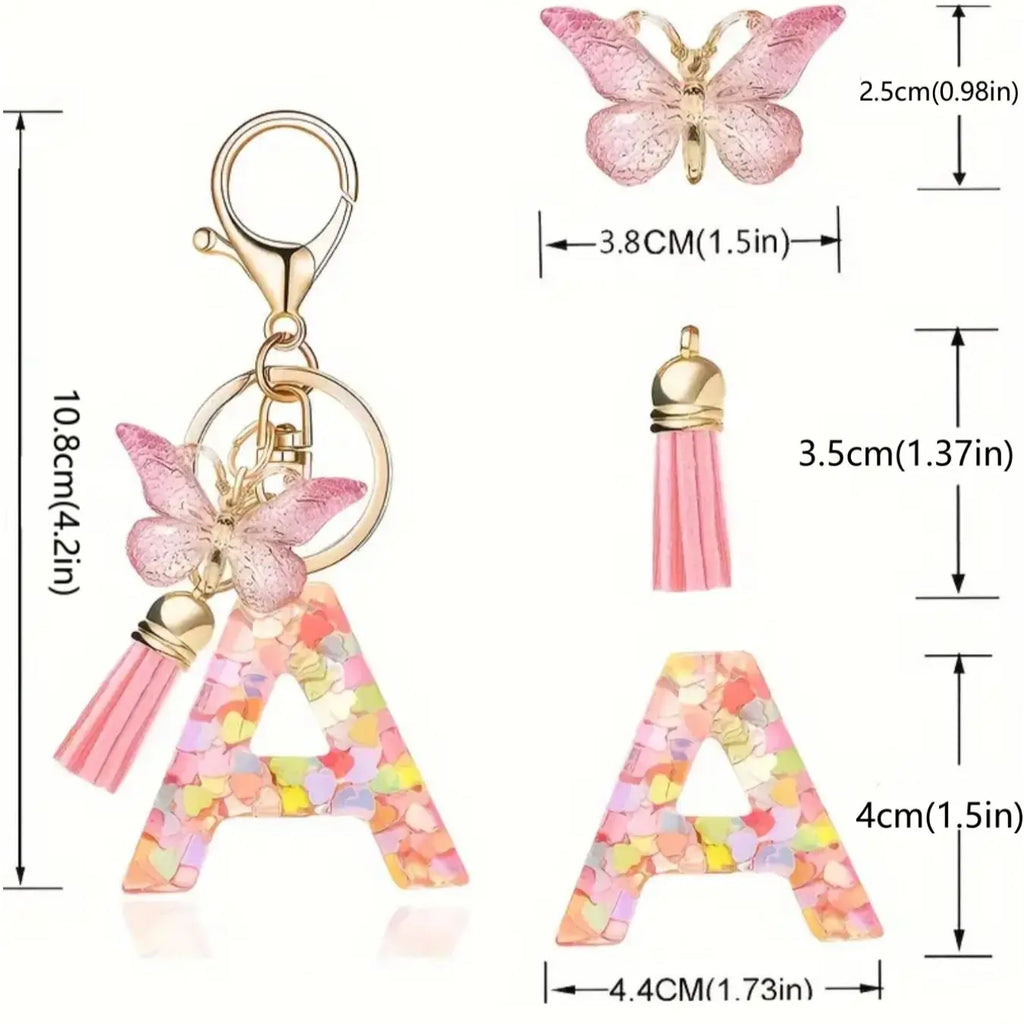 Pink Acrylic Letter Keychain With Butterfly Charm
