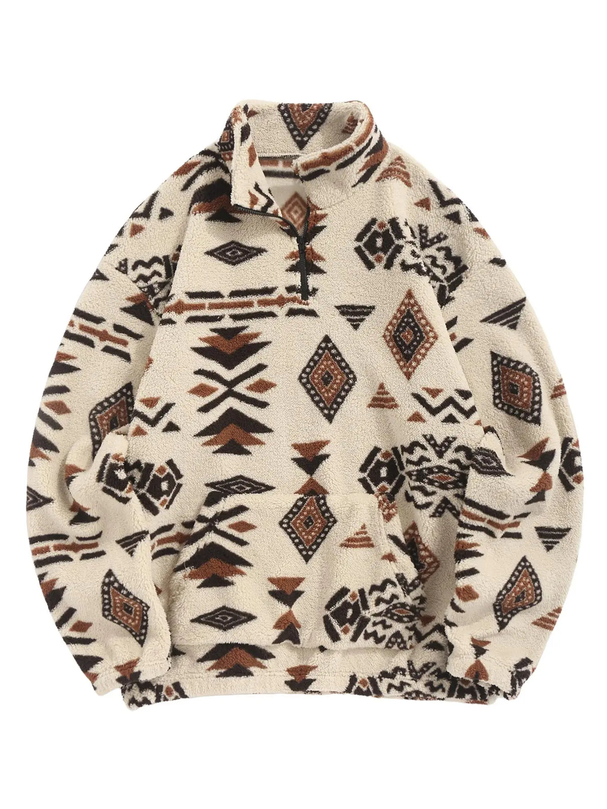 Cream Fleece Pullover with Geometric Pattern