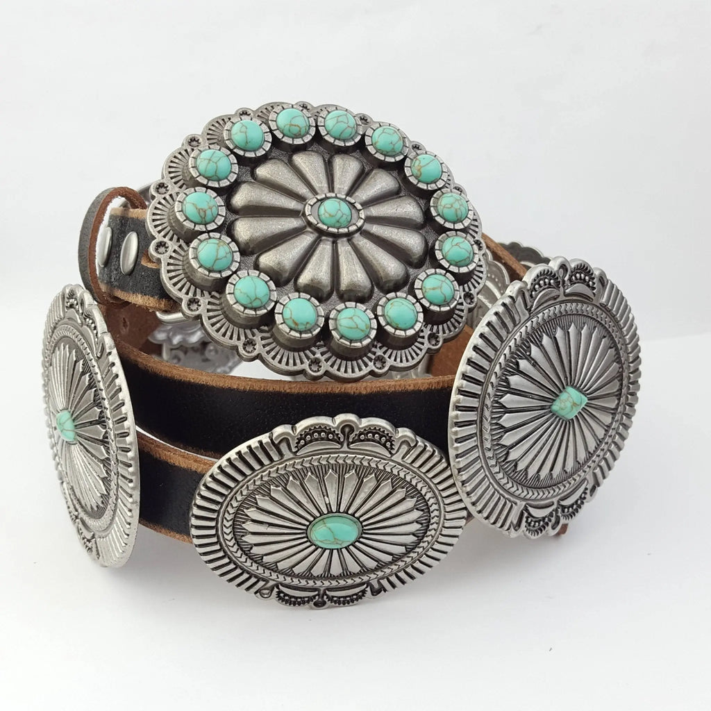 Distressed Leather Belt with Turquoise-Tone Silver Conchos