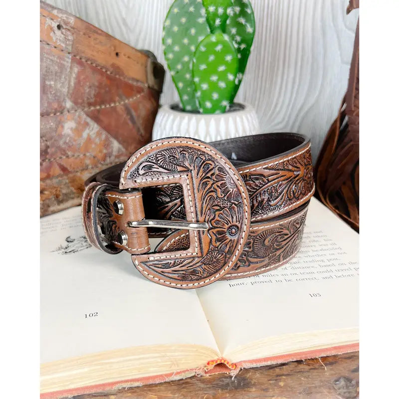 Brown Tooled Leather Belt with Floral Pattern